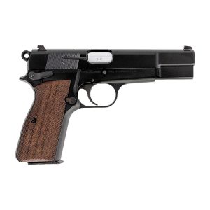 Side view of a black semi-automatic pistol with a brown checkered grip, shown in profile left side of the firearm.