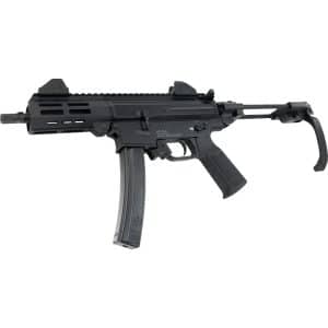 Black tactical rifle in profile with curved magazine and folding stock extended to the right side.