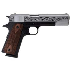 Semi-automatic pistol with a silver engraved slide and wooden grip, shown in profile