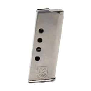 Metal semi-automatic pistol magazine with four round witness holes and a logo at the base