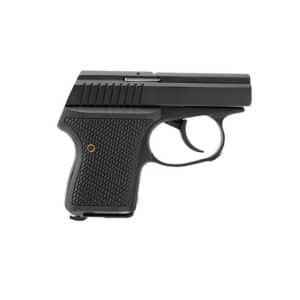 Side view of a black semi-automatic handgun with a textured grip and trigger guard