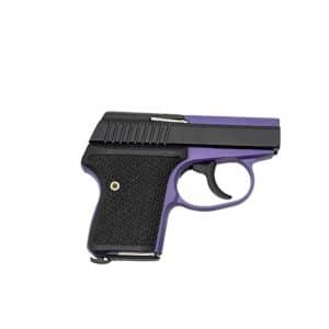 Semi-automatic handgun with a purple frame and black textured grip, shown in profile.