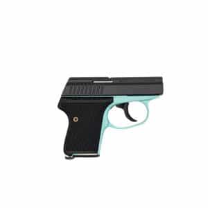Side view of a black and teal semi-automatic pistol with textured grip