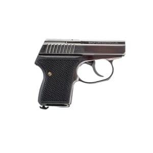 Semi-automatic pistol with a silver slide and textured black grip.