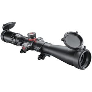 Black riflescope with open lens caps, adjustment turrets, and mounting rings on a rail system for a firearm optic.
