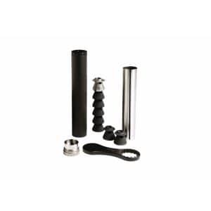 Assorted bicycle components including tubes, spacers, and clamps laid out on a white background.