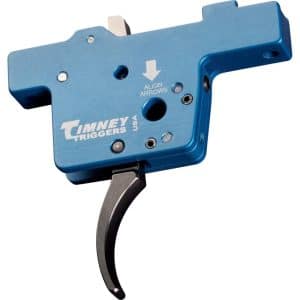 Blue Timney Triggers rifle trigger mechanism with alignment arrows and lever.