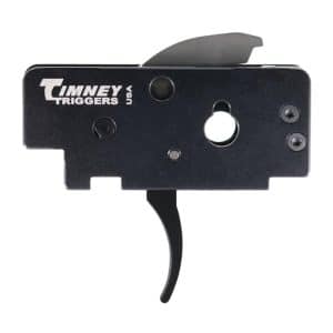 Timney Triggers firearm trigger mechanism in black with metal mounting plate.