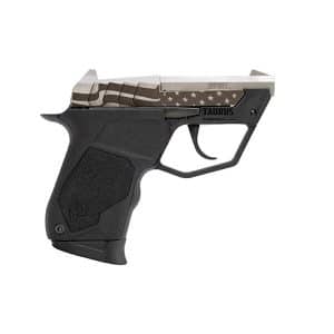 Side view of a Taurus semi-automatic pistol with a black grip and an American flag design on the slide.