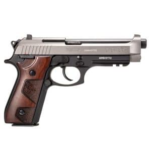 Side view of a silver semi-automatic pistol with a wooden grip and dark frame, facing right.
