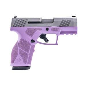 Side view of a lavender and silver semi-automatic handgun with a textured grip and black trigger.