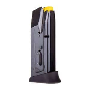 Pistol magazine with a yellow follower at the top, standing upright on a curved baseplate.