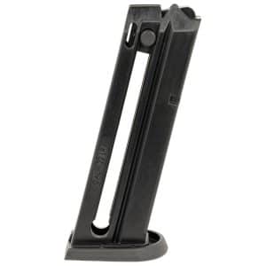 Detachable black .22 LR handgun magazine standing upright with a rounded base plate visible at the bottom