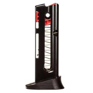 Detachable pistol magazine with visible steel spring and black housing