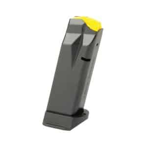 Gray semi-automatic pistol magazine with a yellow follower standing upright on a base.