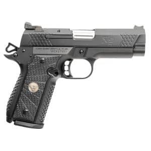 Modern semi-automatic handgun with a textured grip and silver slide, shown in side view