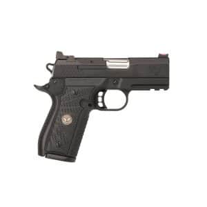 Semi-automatic pistol with a textured grip and black finish, shown from the side for product/detail purposes.