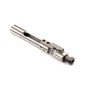 Disassembled AR-15–style bolt carrier group in stainless steel, showing the bolt and rails.