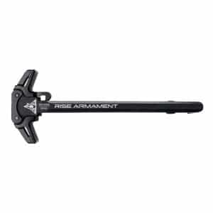 Black AR-15 charging handle with a long rail arm labeled 'Rise Armament' visible on the bar across the length of the component