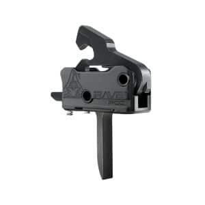Close-up of a PCC firearm charging handle with lever and springs, labeled RAVE PCC, in dark gray