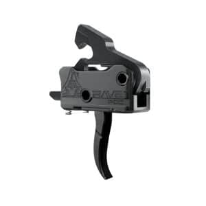 Close-up of a black firearm trigger assembly labeled 'RAVE PCC' with a curved trigger and mechanical lever