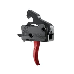 Close-up of a gray mechanical trigger housing with a red curved trigger extending downward, featuring the label 'RAVE RDC' on the body.