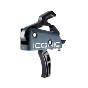 Gray Iconic-front derailleur component with black actuation lever and mounting pins, used on a bicycle drivetrain.