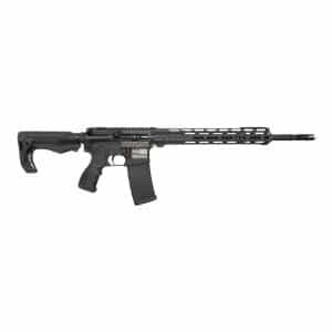 Black AR-15 style rifle with adjustable stock, long handguard, and 30-round magazine.