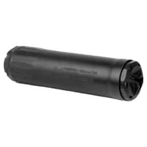 Black cylindrical firearm suppressor (silencer) mounted on a barrel, matte finish, left side view