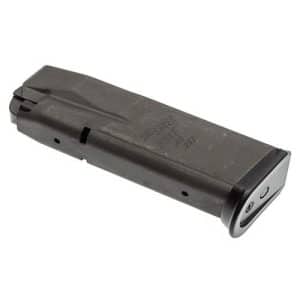 Black SIG Sauer pistol magazine lying on its side, viewed at an angle