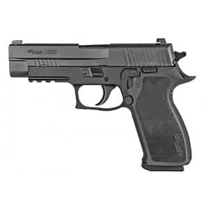 Side view of a black SIG SAUER P320 semi-automatic handgun with a textured grip and accessory rail on the frame.
