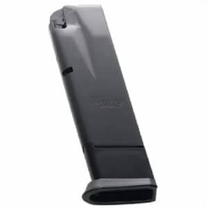 Sig Sauer pistol magazine, black detachable ammo magazine shown at an angle.
