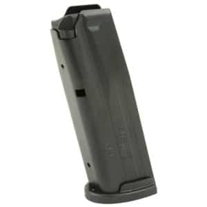 Black pistol magazine with round base plate, standing upright