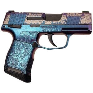 Blue handgun with floral engravings and metallic finish, shown in profile.
