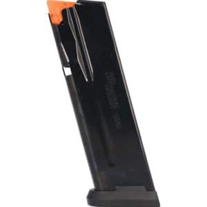 Black 9mm pistol magazine with an orange follower, standing upright on its baseplate.