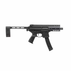 Black modern sporting rifle with adjustable stock, Picatinny rail, and curved magazine visible from the side.