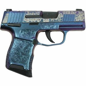 Decorative blue–purple engraved handgun with floral patterns and a textured grip, shown as a product image
