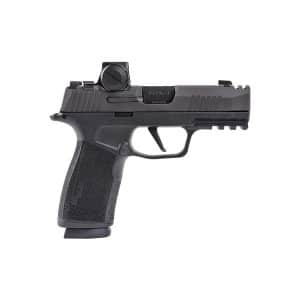 Black semi-automatic pistol with a mounted red-dot optic on top and a textured grip viewed from the side.