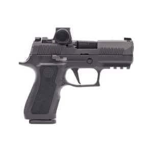 Gray semi-automatic handgun with a mounted red-dot sight on top and a textured polymer grip, showing a tactical rail on the front of the frame (SIG Sauer logo on grip).