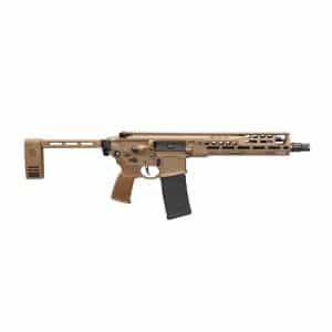 Tan AR-style rifle with collapsible stock, free-floating handguard, and detachable magazine.