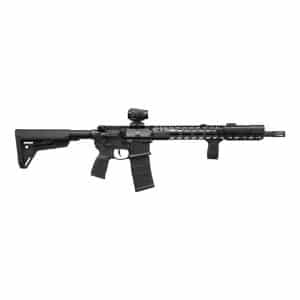 Modern black semi-automatic rifle with adjustable stock, optic, and rail handguard on a white background.