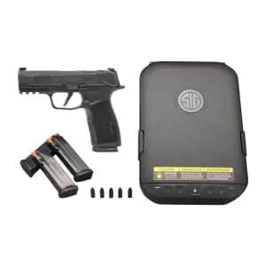 Black handgun with two magazines and a SIG-branded gun storage case nearby.