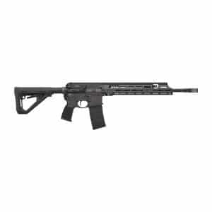 Black AR-style rifle with a collapsible stock, long quad-rail handguard, and a pistol grip, shown in profile.
