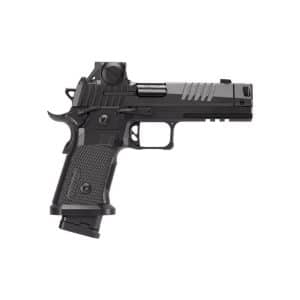Side view of a black semi-automatic pistol with a textured grip and a protruding magazine against a white background.