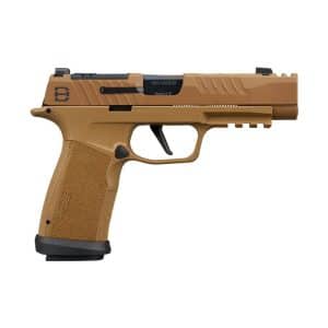 Tan SIG Sauer semi-automatic pistol shown in profile, with textured grip and black trigger