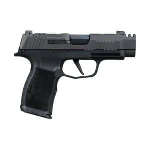 Black semi-automatic pistol shown in a side profile with a textured grip and serrated slide edge.