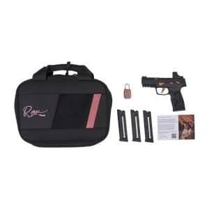 Toy gun set with a black carrying case, three magazines, a small padlock, and an instruction card for pretend play.