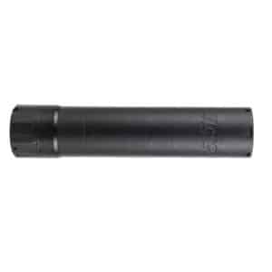Black cylindrical metal suppressor-like device laid horizontally, with threaded ends visible at both sides.