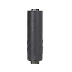 Black cylindrical firearm suppressor attachment with a knurled lower section, shown vertically.