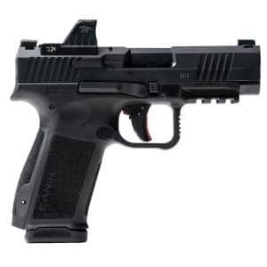 Side view of a black semi-automatic handgun with a textured grip and rails visible on the frame